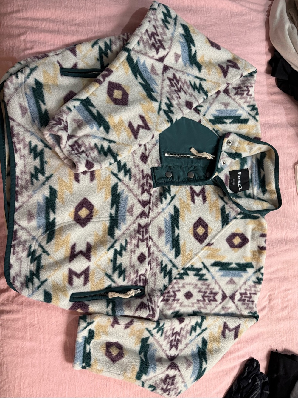 RSQ Aztec Sherpa Fleece Jacket in Cream, Teal & Plum